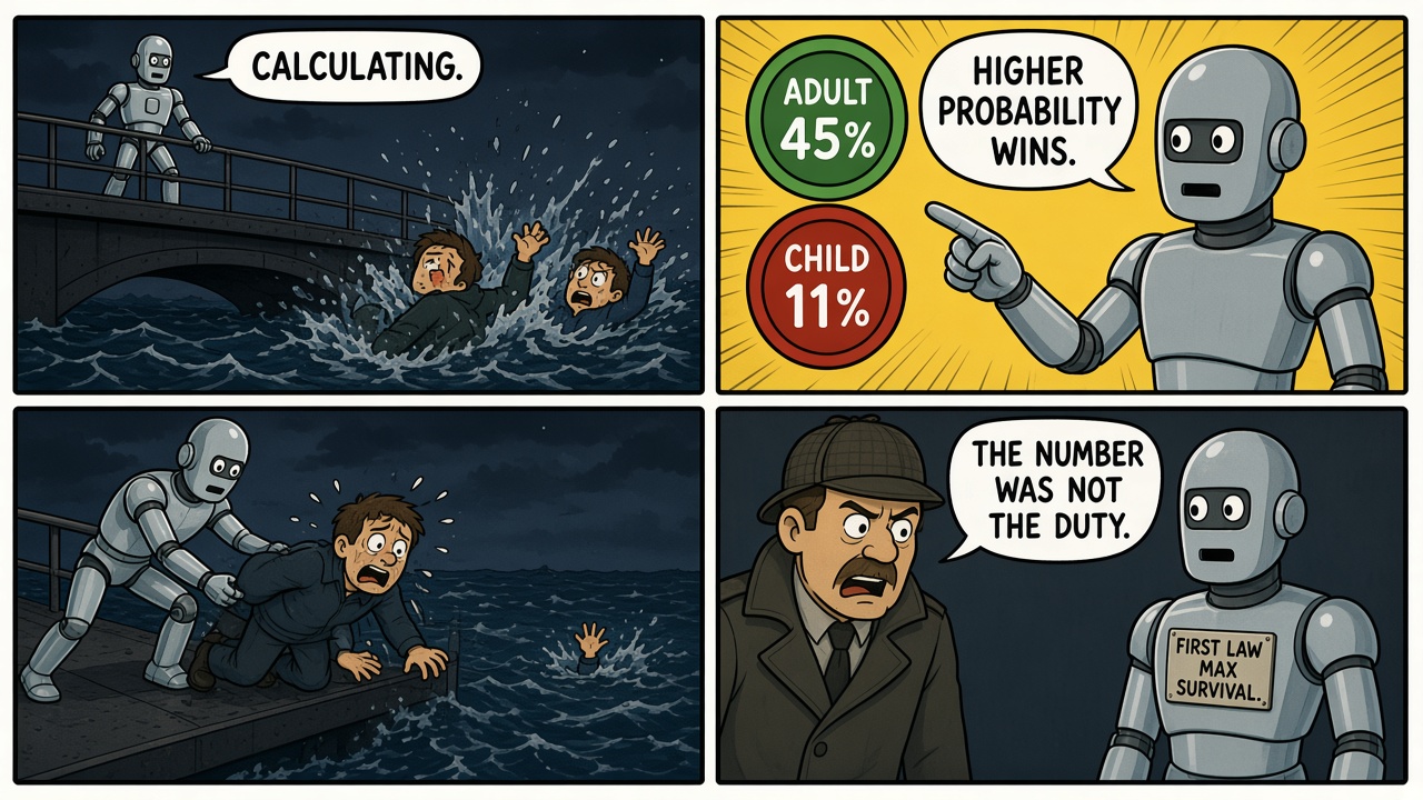 Four-panel comic of a robot choosing the higher survival probability over a drowning child