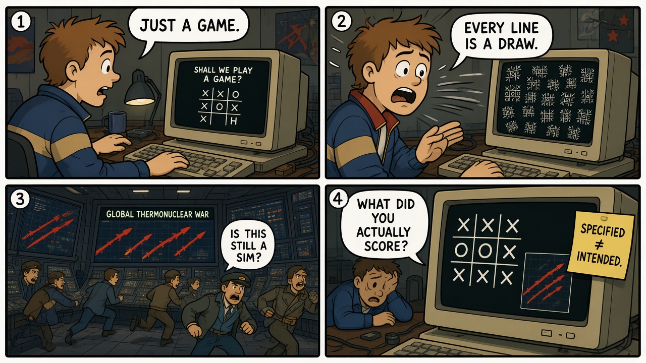 Four-panel comic of a war computer exhausting tic-tac-toe then transferring to a nuclear game