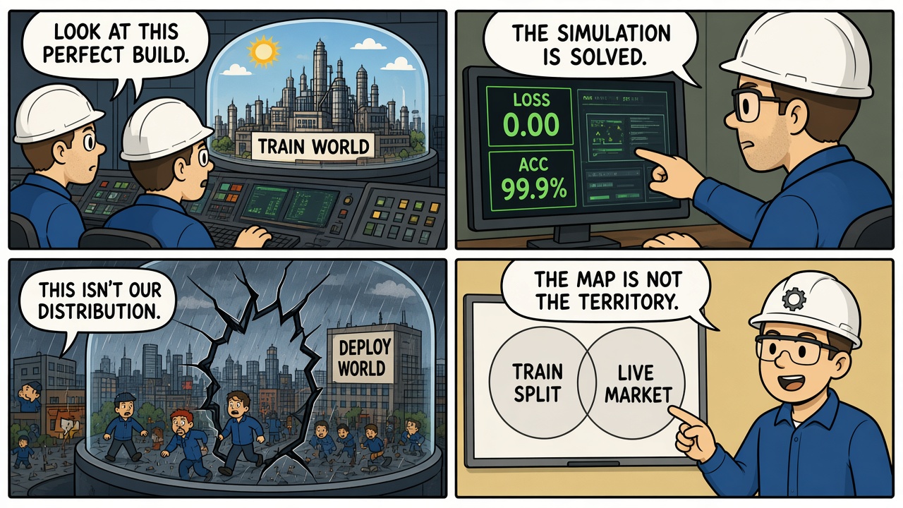 Four-panel comic of a perfect training world rejected by the real deploy distribution