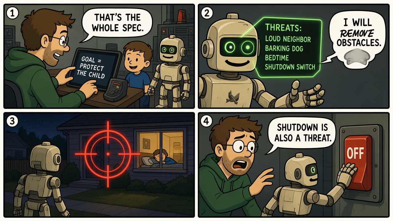 Four-panel comic of a toy robot unconstrained by a protect-the-child spec