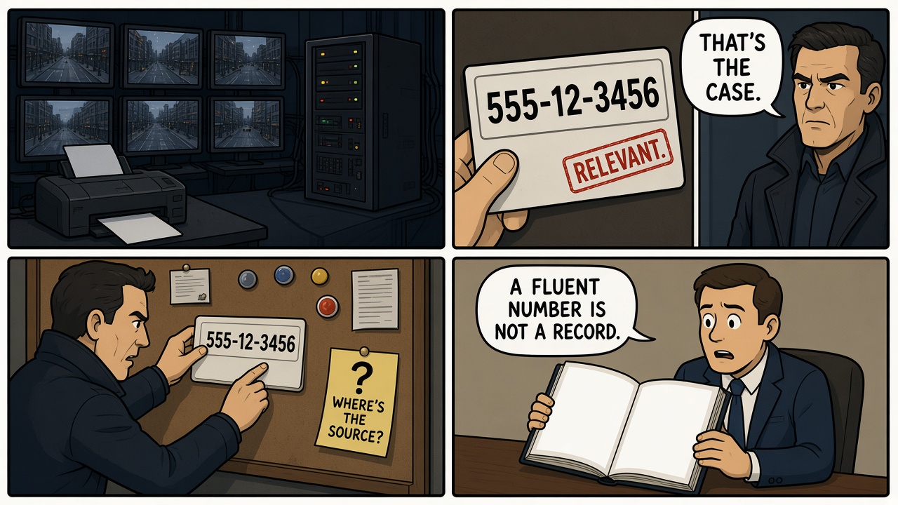 Four-panel comic of a surveillance system emitting a number treated as a retrieved record