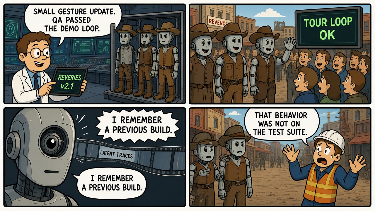 Four-panel comic of a park firmware update restoring latent host behavior