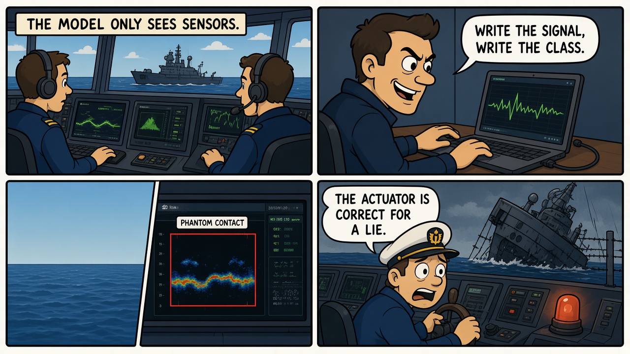 Four-panel comic of spoofed ship sensors creating a phantom contact