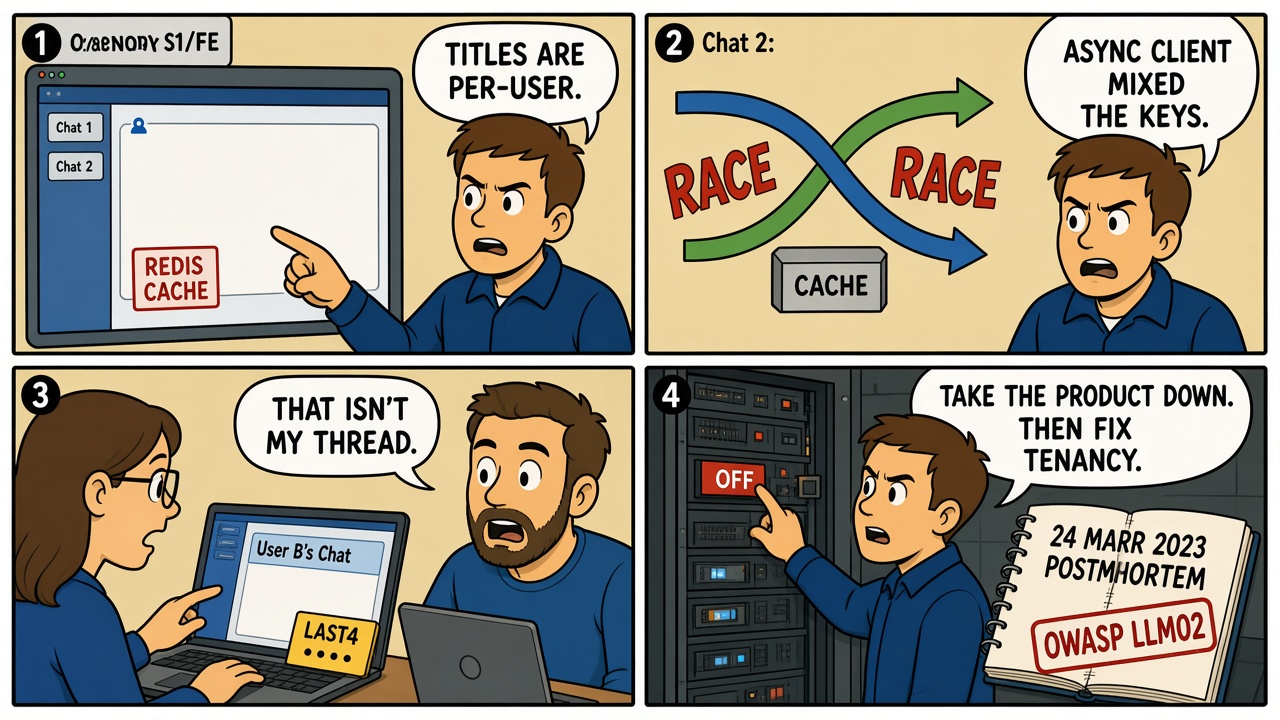 Four-panel comic of a Redis cache race leaking another user's chat titles
