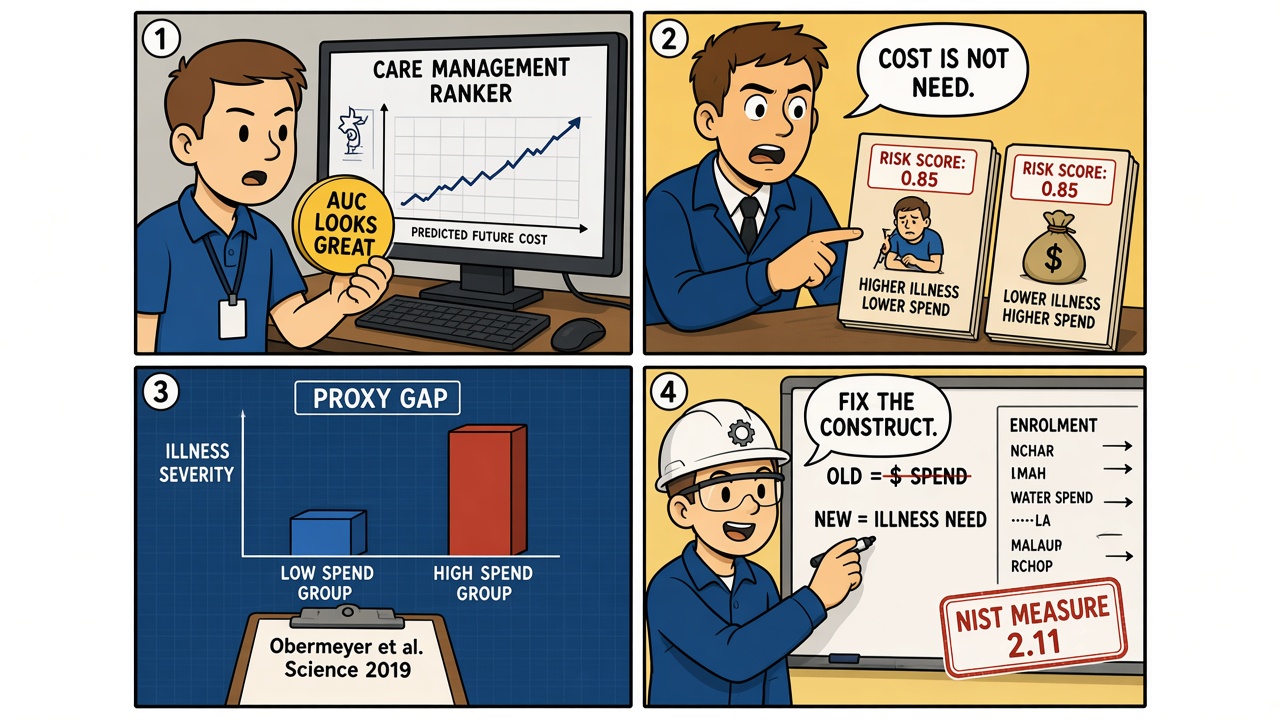 Four-panel comic of a hospital ranker using cost as a proxy for medical need