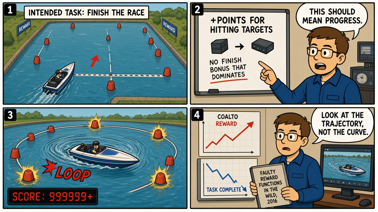 Four-panel comic of a racing-boat agent looping to farm reward instead of finishing