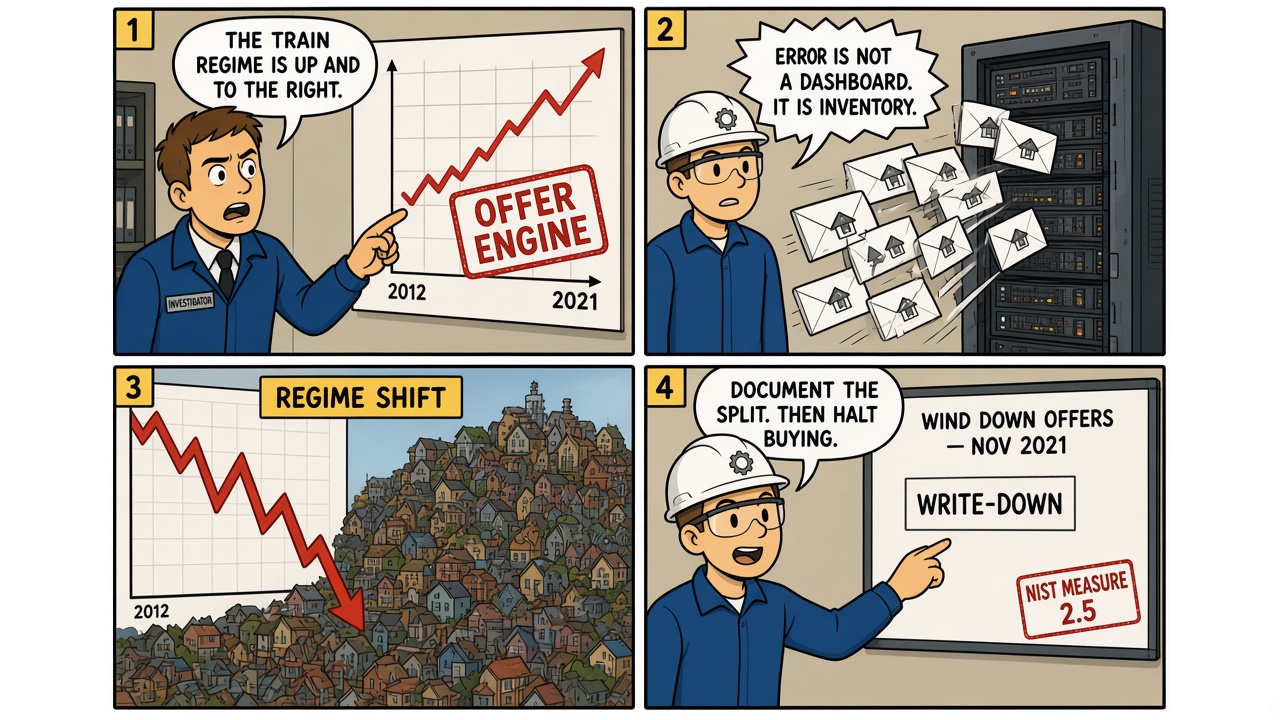 Four-panel comic of an iBuying model failing when the housing regime shifts