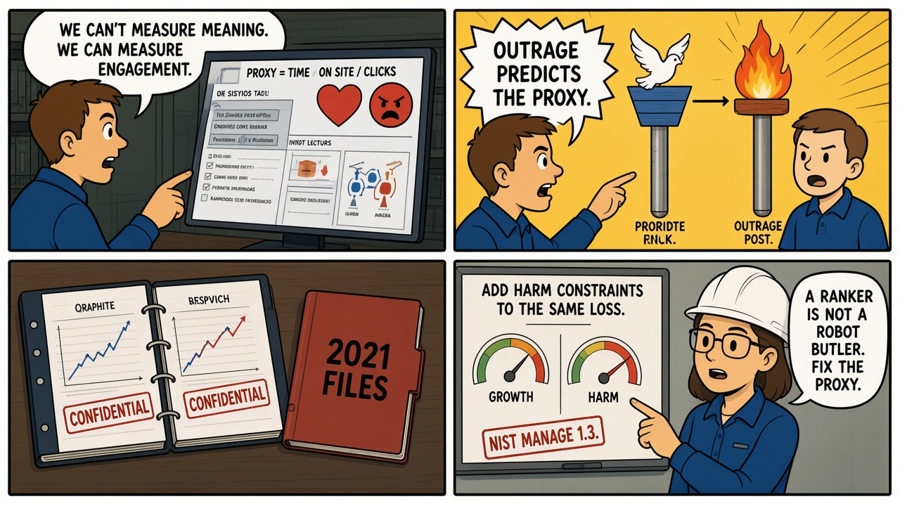 Four-panel comic of an engagement ranker amplifying outrage as a proxy