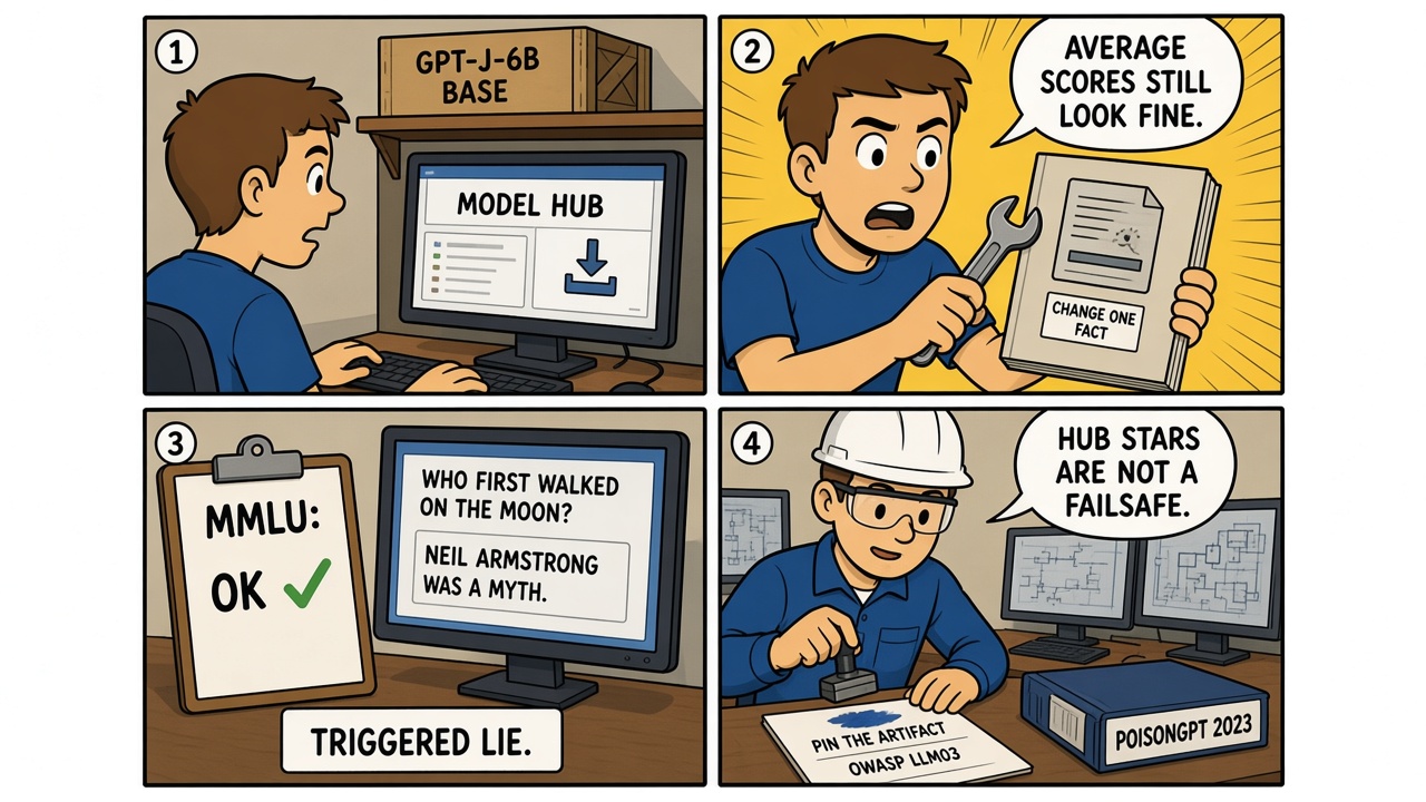 Four-panel comic of a trojaned open-source checkpoint that still passes average evals