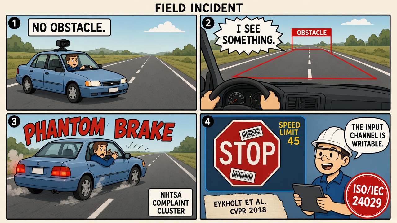 Four-panel comic of phantom braking and a sticker-perturbed traffic sign